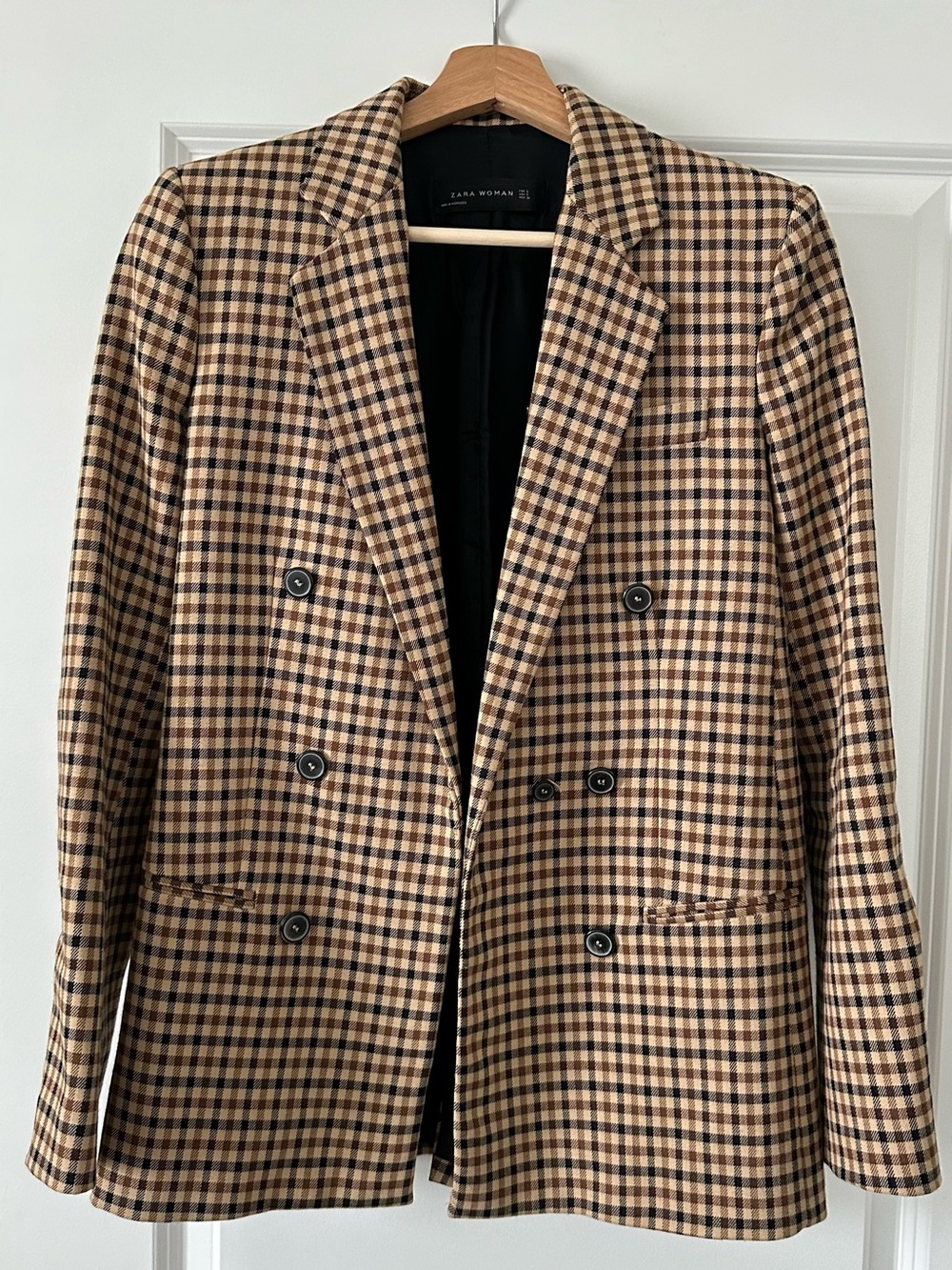 Zara Double-Breasted Checked Blazer in Brown and Cream